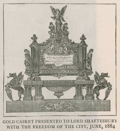 Gouden kistje aangeboden aan Lord Shaftesbury met de vrijheid van de stad, juni 1884 door English School