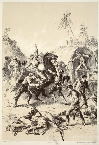 Goud-escorte aangevallen door Bush Rangers, uit The History of Australasia door David Blair, McGrady, Thomson, en Niven, 1879 door English School