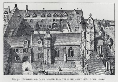 Gonville and Caius College, vanuit het zuiden, circa 1688, naar Loggan door English School
