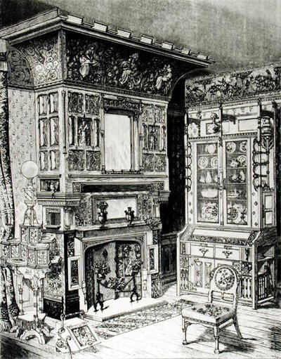 Gotische kast en rijkelijk versierde schoorsteenmantel uit een kamer ingericht door Cox & Sons voor Philadelphia door English School