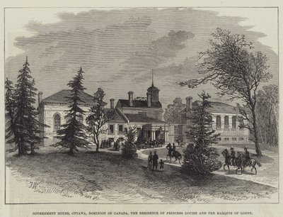 Regeringsgebouw, Ottawa, Dominion of Canada, de residentie van prinses Louise en de markies van Lorne (gravure) door English School