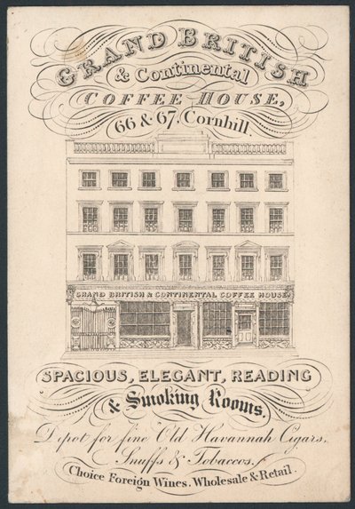 Grand British and Continental Coffee House, 66 en 67 Cornhill, handelskaart door English School