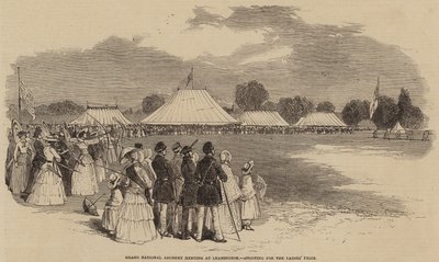 Groot nationaal boogschietwedstrijd in Leamington, schieten voor de damesprijs door English School