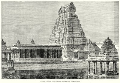 Grote pagode, Conjeveram; Gopura en heilige tank (gravure) door English School