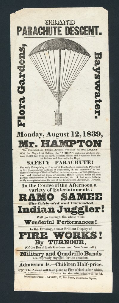 Grote Parachutesprong, Flora Gardens, Bayswater, 12 augustus 1839 door English School