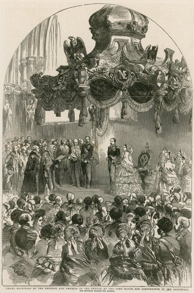 Grote ontvangst van de Keizer en Keizerin van Frankrijk door de Lord Mayor en Corporation in de Guildhall, Londen door English School