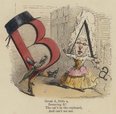 Grote A, kleine a, Stuiterende B! De kat zit in de kast, En kan mij niet zien (gekleurde gravure) door English School