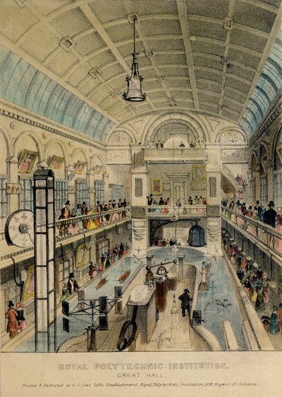 Grote zaal van het Royal Polytechnic Institution, Regent Street, gedrukt door G.J. Cox, c.1840 door English School