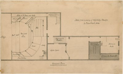 Grondplan van Miss Kellys Theatre (Royalty Theatre), Dean Street, Soho, Londen door English School
