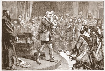 Gustavus Adolphus neemt afscheid van de Staten, illustratie uit De Geschiedenis van het Protestantisme door James Aitken Wylie, 1878 door English School