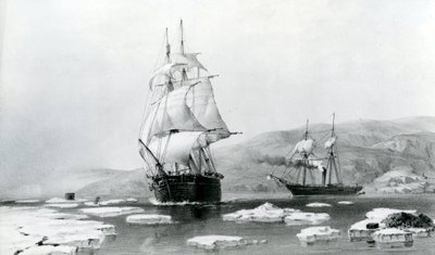HMS Assistance en Pioneer breken uit de winterkwartieren in 1854 (lithografie) door English School