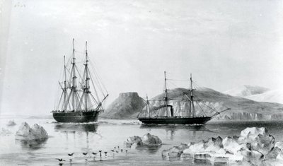HMS Assistance in sleep van Pioneer langs John Harrow Mount, North Wellington Channel in 1853 (lithografie) door English School