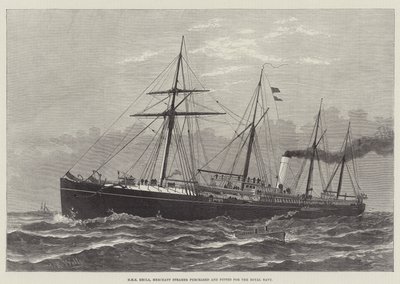 HMS Hecla, koopvaardijschip gekocht en uitgerust voor de Koninklijke Marine (gravure) door English School