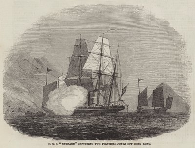 HMS "Reynard" vangt twee piratenjonken bij Hong Kong (gravure) door English School