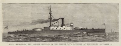 HMS "Trafalgar," het Grootste Pantserschip in de Britse Marine, te Water Gelaten in Portsmouth 20 September (gravure) door English School