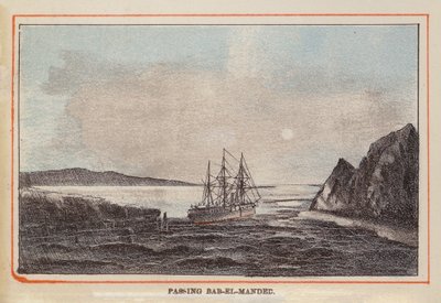 HM Indisch Troepenschip: Voorbij Bab-El-Manded (gekleurde gravure) door English School