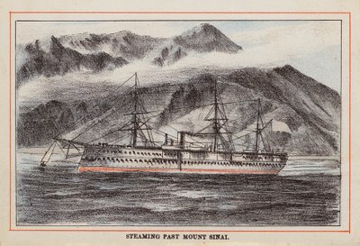 HM Indisch Troepenschip: Voorbijvarend aan de Berg Sinaï (gekleurde gravure) door English School