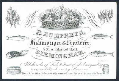 H Humphrys, visboer en fruitverkoper, handelskaart door English School