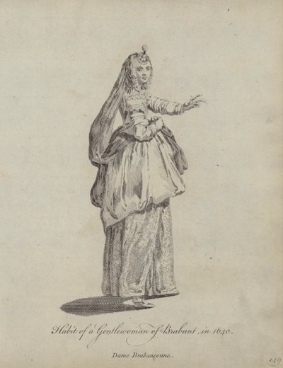 Kleding van een dame van Brabant in 1640 door English School