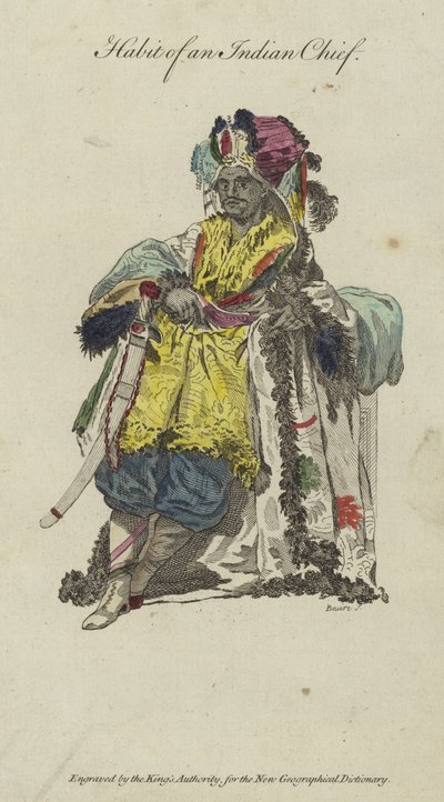 Kleding van een Indiaanse hoofdman (kleurgravure) door English School