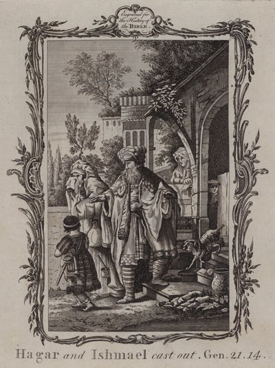 Hagar en Ismaël uitgeworpen (gravure) door English School