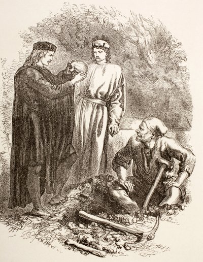 Hamlet houdt de schedel van Yorick vast, illustratie van Act V, Scene I in Hamlet, uit 