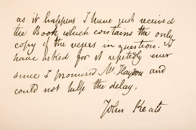 Handschrift en handtekening van John Keats door English School