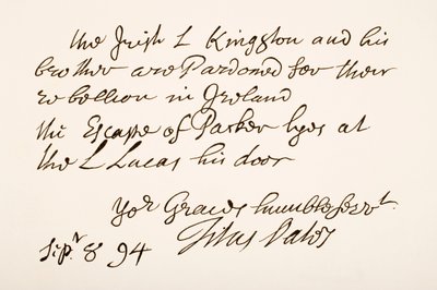 Handschrift en handtekening van Titus Oates, 1694 door English School