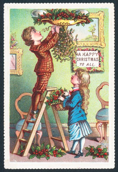 Maretak ophangen, kerstkaart door English School