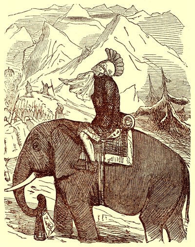 Hannibal steekt de Alpen over, illustratie uit De Komische Geschiedenis van Rome door Gilbert Abbott a Beckett, gepubliceerd ca. 1850 door English School