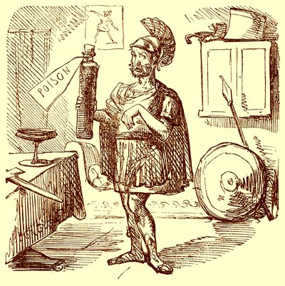 Hannibal houdt de gebruikelijke nette en passende toespraak voordat hij zichzelf doodt, illustratie uit De Komische Geschiedenis van Rome door Gilbert Abbott a Beckett, gepubliceerd ca. 1850 door English School
