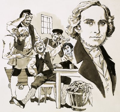 Hans Christian Andersen vermaakt zijn mede-leerlingen door te zingen door English School