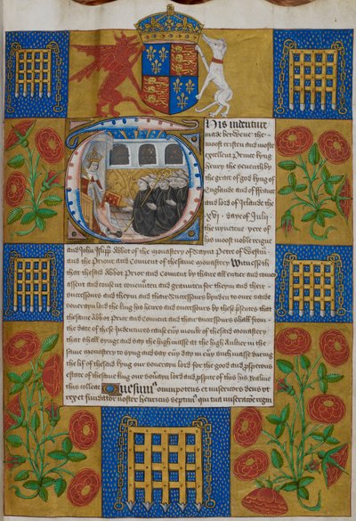 Henry VII presenteert de akte aan John Islip, abt van Westminster Abbey door English School