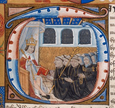 Geïllustreerde initiaal met Koning Hendrik VII die het boek ontvangt, illustratie uit 