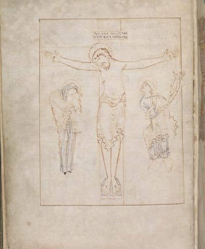 De Kruisiging; met de Maagd en St. Johannes die zijn getuigenis op een rol schrijft, uit de Ramsey Psalter, ca. 900-1000 door English School
