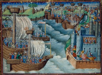 Christelijke vloot valt de haven van Gaeta in Italië aan, bezet door de Turken, uit De Drie Koningszonen, ca. 1500 door English School