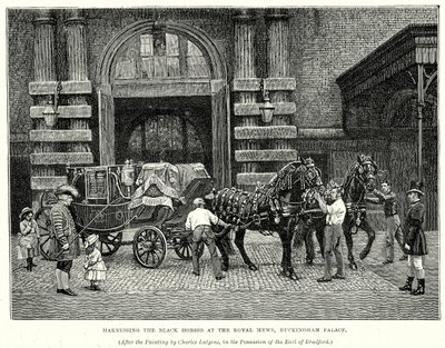 Het spannen van de zwarte paarden in de Royal Mews, Buckingham Palace (gravure) door English School