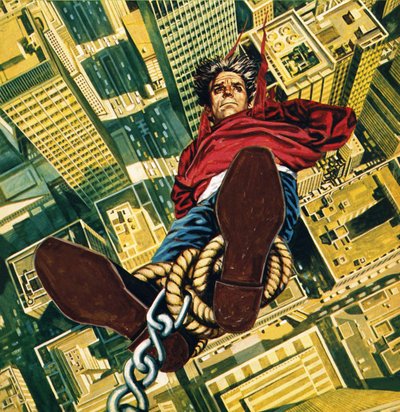 Harry Houdini opgehangen aan de top van een wolkenkrabber in New York door English School