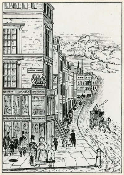 Hatton Garden en Holborn, 1866 door English School