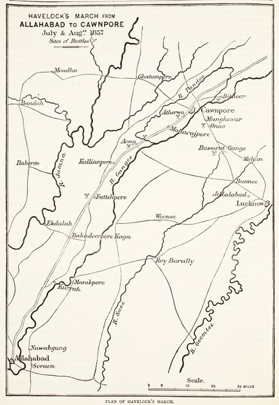 Havelocks mars van Allahabad naar Cawnpore, juli & augustus 1857, uit Cassells Geïllustreerde Geschiedenis van Engeland door English School