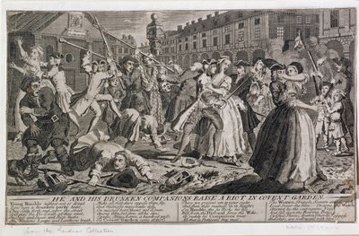 Hij en zijn dronken metgezellen veroorzaken een rel in Covent Garden, 1735 door English School