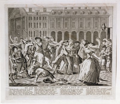 Hij en zijn dronken metgezellen veroorzaken een rel in Covent Garden, 1735 door English School