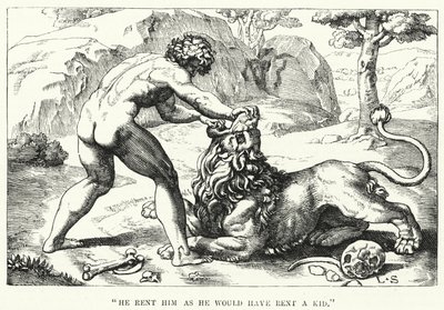 "Hij scheurde hem alsof hij een bokje had gescheurd" (gravure) door English School
