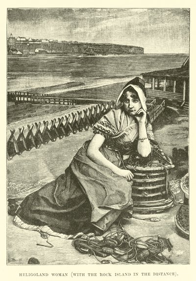 Helgolandse vrouw, met het rotsachtige eiland in de verte door English School