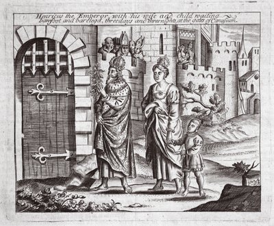 Henricus de Keizer met zijn vrouw en kind wachtend, blootsvoets en met blote benen, drie dagen en drie nachten bij de poorten van Canusuam, illustratie uit Handelingen en Monumenten van John Foxe, negende editie door English School