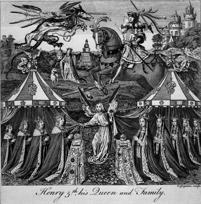 Hendrik V, zijn koningin en familie, gegraveerd door Charles Grignion (1717-1810) door English School