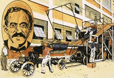 Henry Ford en zijn eerste productielijn van 1908 door English School