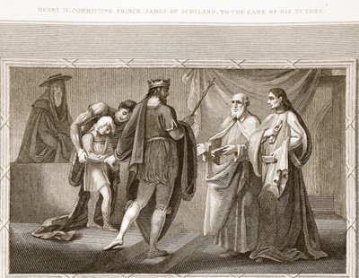 Hendrik IV vertrouwt prins James van Schotland toe aan zijn leraren, illustratie uit David Humes The History of England, uitgegeven door R. Bowyer, Londen, 1812 door English School