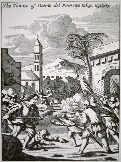Henry Morgan verovert en plundert de stad Puerto de Principe, Cuba, in 1668, illustratie uit 