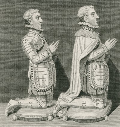 Henry Stuart, Lord Darnley en zijn broer Charles Stuart, Graaf van Lennox, knielend voor het graf van hun moeder in Westminster Abbey, gegraveerd door Andrew Birrell, 1796 door English School